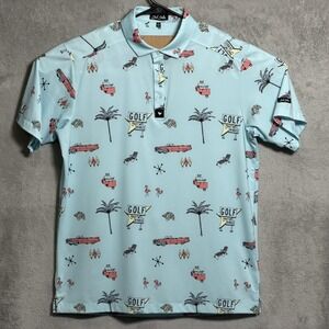 Bad Birdie Polo Shirt Mens Large Blue Golf Oasis Flamingo Print Performance